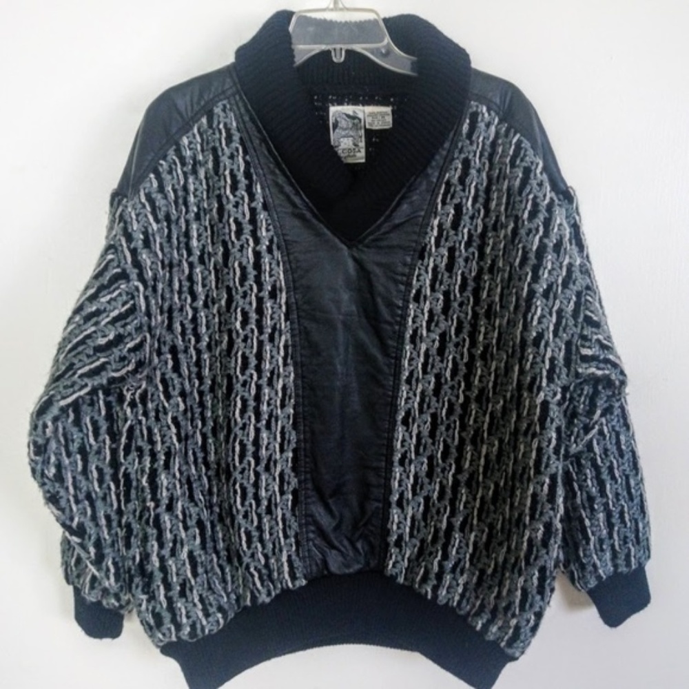 Vtg K Cosa Men's Sweater Leather Detail Black Med